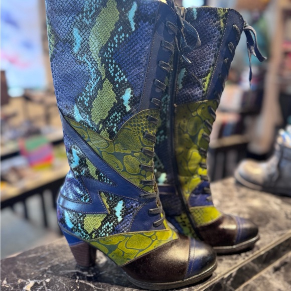 L'artiste Shoes - L'Artiste Blue & Green Snake-Print Tall Heeled Boots